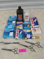 Asst first aid, hair cutting scissors, razor