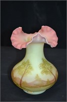 Fenton Uranium Glass Hand Painted 7" Vase
