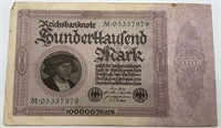 1923 German 100,000 Mark Banknote, Good