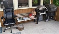 2 Weber grills, bench, 2 firewood stands, office c