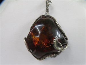 LARGE SILVER & AMBER STYLE PENDANT