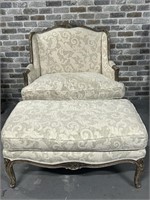 Hollywood Regency Bergere Chair, Ottoman in Damask