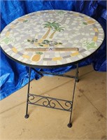 Foldable Round Beech Mosaic Table With Metal Base