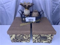 METAL BASKET, CLOTH BOXES, PINAPPLE BOOK ENDS,
