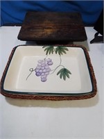 Grape decorated casserole dish in basket