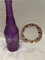 6" Vintage Floral Plate & 12” Purple Bottle