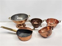 5 Copper Strainers with Brass Handles