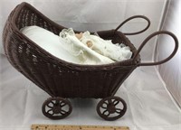Tiny Wicker Baby Carriage with Baby Doll