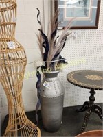 TALL SILVERY METAL VASE WITH FAKE FLOWERS