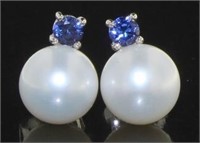 Beautiful Pearl & Sapphire Stud Earrings