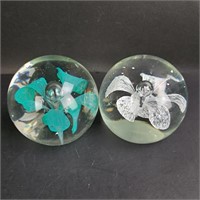 (2) Glass Floral Paperweights