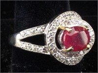 Sterling Silver Ring With Ruby & White Stones sz