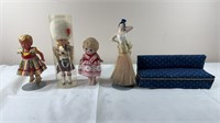Doll figures, lady statue, toy couch