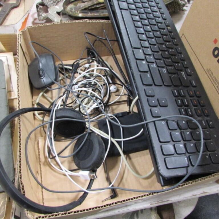 BOX OF KEYBOARDS, HEADPHONES, MOUSE ETC