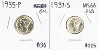 Coin 2 Mercury Dimes 1935-P+1937-S-AU-BU