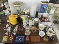 Home decor items, flashlight, iced tea pot, misc