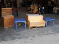 Bench / Desk, Hoosier Cabinet, & 2 Tables