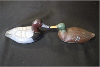 Two miniature wood decoys - redhead drake and