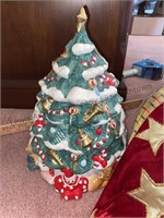 Ceramic Christmas tree cookie jar, tree skirt,