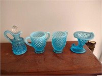 4 pcs Blue Hobnail Glass Items