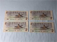 4 - 1986 Canadian UNC Sequential $2 Banknotes