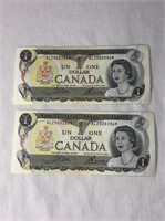 2 - 1973 Canadian UNC Sequential $1 Banknotes