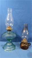 Antique Teal Oil Lamp w/Chimney, Amber Oil Lamp