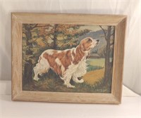 1953 Framed Spaniel Dog Painting, Vintage, Signed