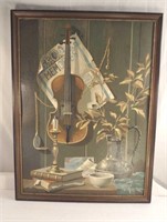 Nostalgic Older Musical Painting Violin, Framed