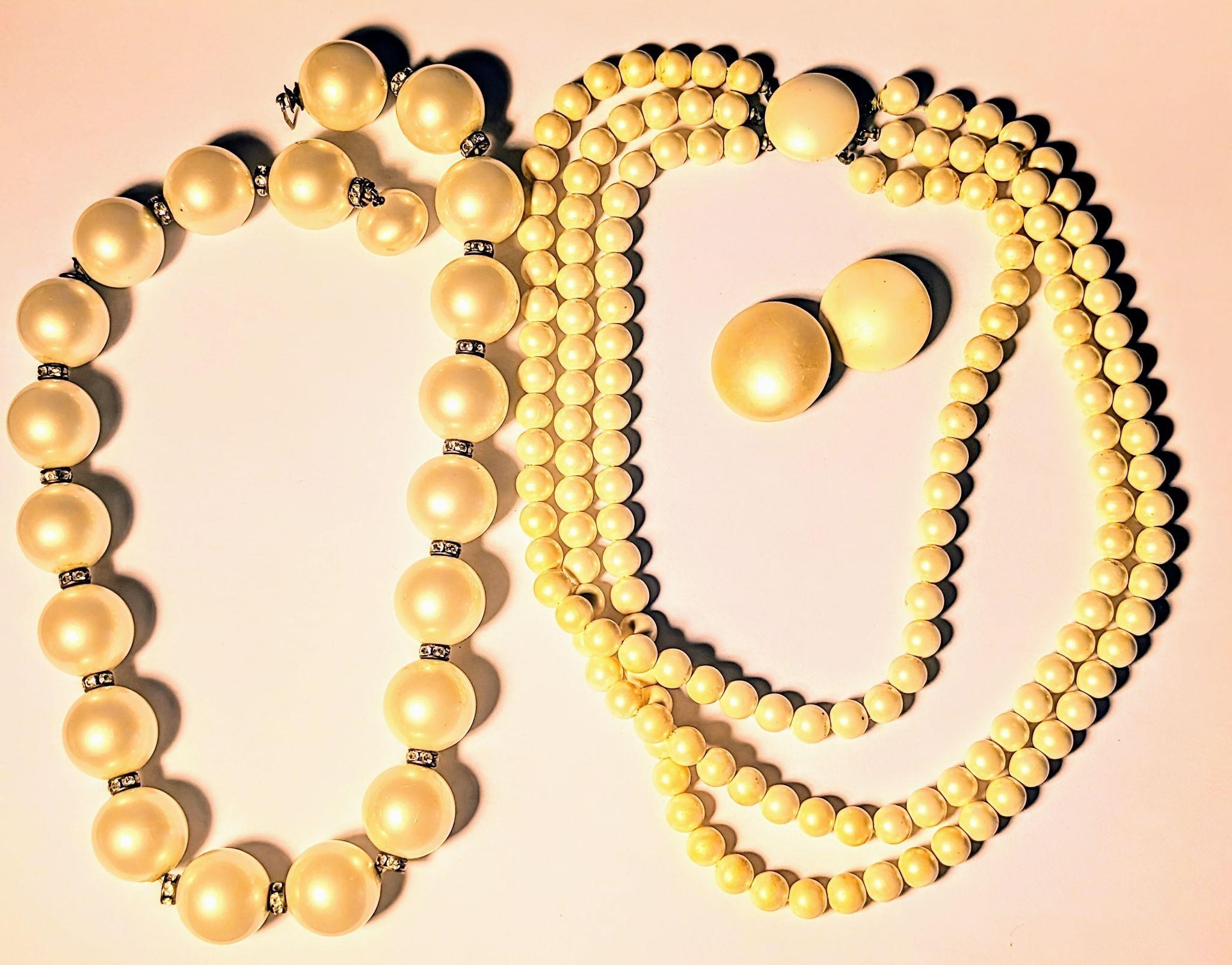 Two Faux Pearl Necklaces & Matching Earrings