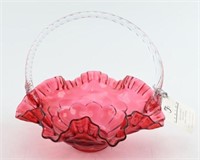 Signed Fenton glass Cranberry ruffled handled