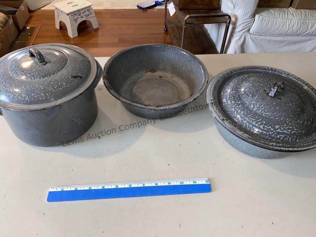 3 Grey Granite Ware Enamel Ware pots