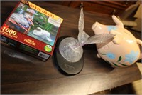 Large Ceramic Pig Bank, Glass Eagle & New Puzzle