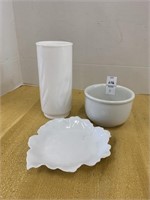 Milk glass lots. Dish, vase and a sterling bowl