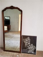 Wood Framed Mirror And Lion Print
