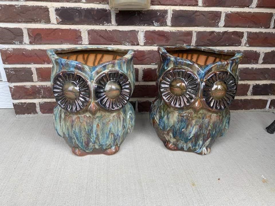 Pair 13" Big Ceramic Owl Planters