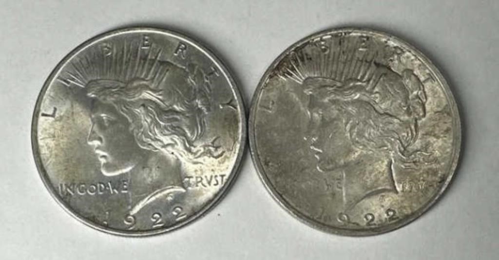 (2) 1922 Peace Silver Dollars