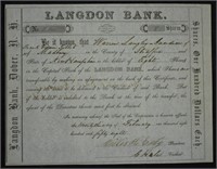 1858 Langdon Bank, New Hamphire Stock Certificate