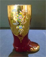 Murano Venetian 24 Kt Gold Enamel Ruby Glass Boot