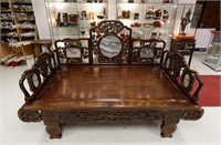 Chinese Rosewood Carved Opium Bed Inset Marble