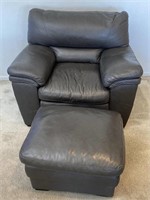Slate gray overstuffed leather easy chair, ottoman