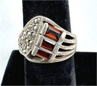 925 Silver Marcasite & Garnet Baguette Gem Ring