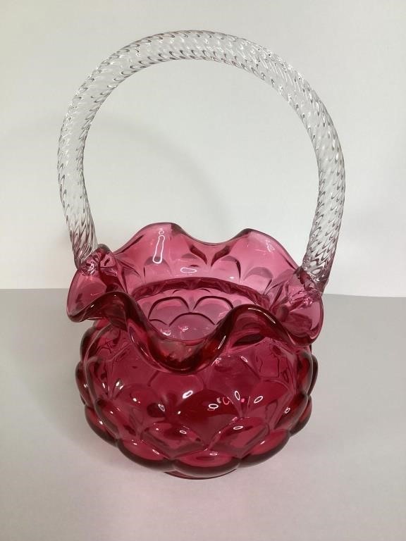 Fenton Cranberry Basket with Crystal Handle