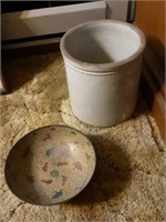 Unmarked gallon crock & brass bowl