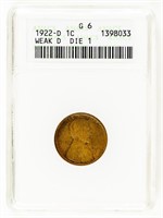 Coin 1922-D(Weak) Lincoln Cent-ANACS-G6