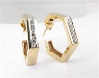 14K Hexagon Shaped Diamond Hoop Earrings