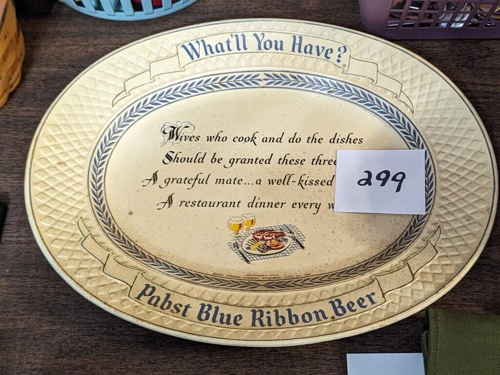 Vintage Pabst Blue Ribbon Beer Plastic Tray Sign