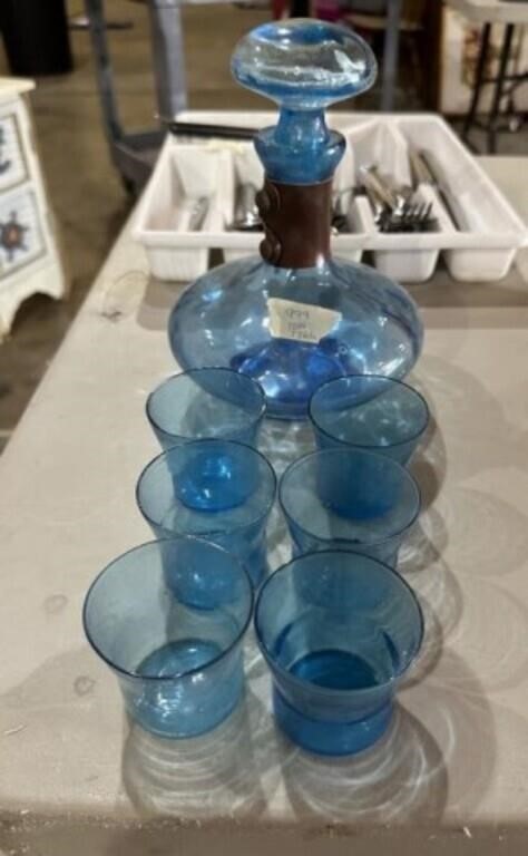 Vintage Blue Glass Liquor Set