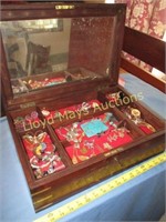 Brass Inlaid Mahogony Jewelry Box & Estate Jewelry