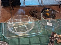 Glass baking dish, mixing bowl and table vase